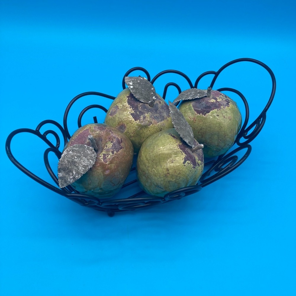 Vintage Green Crackle Glaze Ceramic Apples Silver Metal Leaf Fruit Decor Set